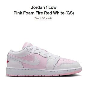 Youth Size 6Y Jordan 1 Low Pink Foam Fire Red White (GS) 553560-608 AUTHENTICNEW